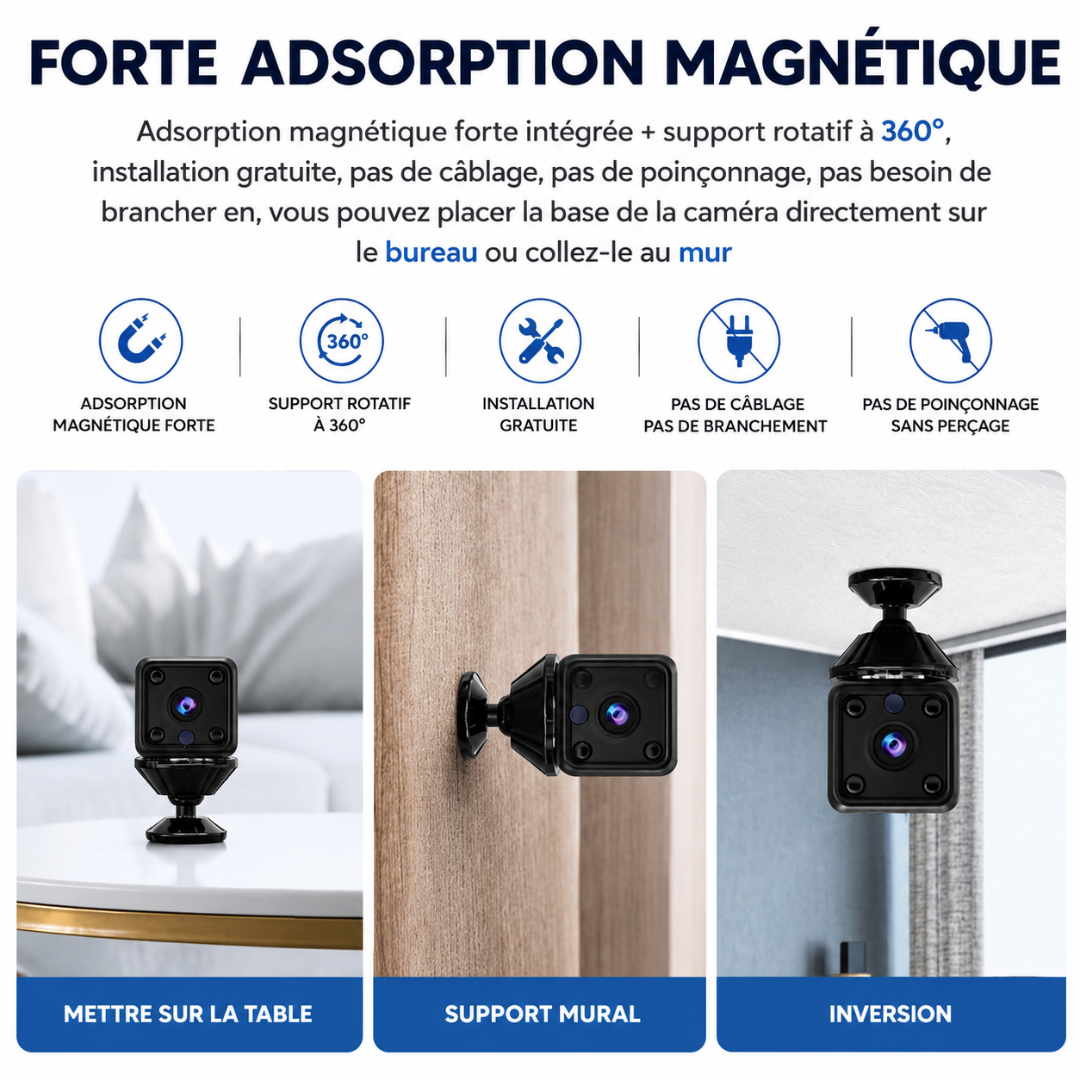 Mini Caméra IP sans Fil, 1080P 2 MP 25 Fps IR Vision Nocturne 150° Caméra de Sécurité WiFi Grand Angle avec Base Rotative Magnétique