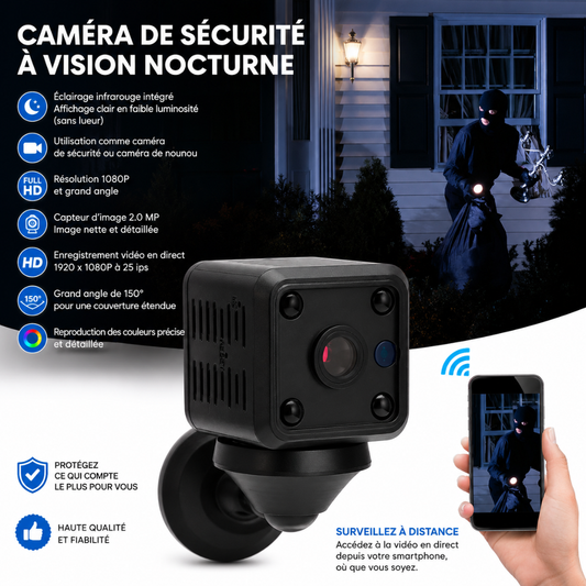 Mini Caméra IP sans Fil, 1080P 2 MP 25 Fps IR Vision Nocturne 150° Caméra de Sécurité WiFi Grand Angle avec Base Rotative Magnétique